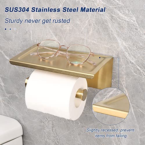 NearMoon Toilet Paper Holder with Shelf, Heavy Duty Bath Toilet Roll Holder with Phone Shelf Tissue Hanger for Bathroom/Kitchen No Drill or Wall Mounted(304 Stainless Steel, Brushed Gold) - color: Brushed Gold