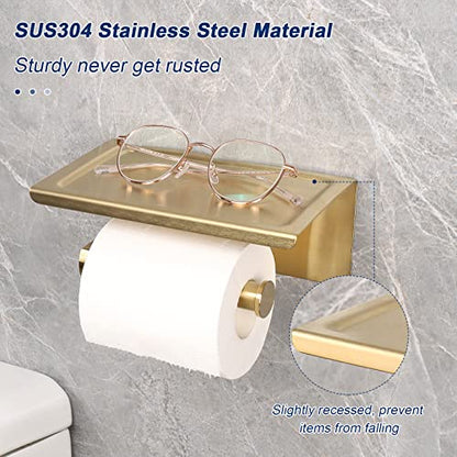 NearMoon Toilet Paper Holder with Shelf, Heavy Duty Bath Toilet Roll Holder with Phone Shelf Tissue Hanger for Bathroom/Kitchen No Drill or Wall Mounted(304 Stainless Steel, Brushed Gold) - color: Brushed Gold