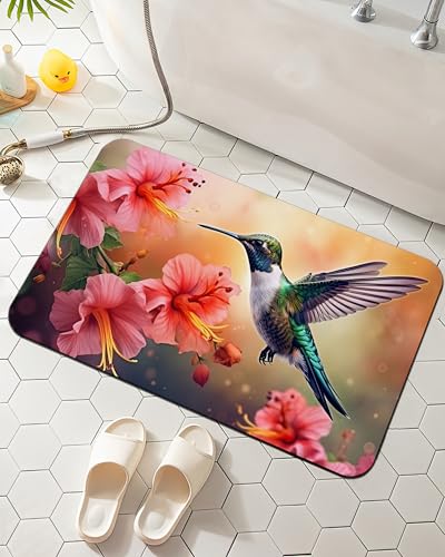 Elightvap Hummingbird Flowers Bathroom Mat Quick Drying Non Slip Bath Mats Absorbent,Bath Mat Quick Dry Bathroom Rug in Front of The Kitchen Sink, Shower Room, Bathtub,17 * 29.5 Inches - color: Hummingbird Flowers