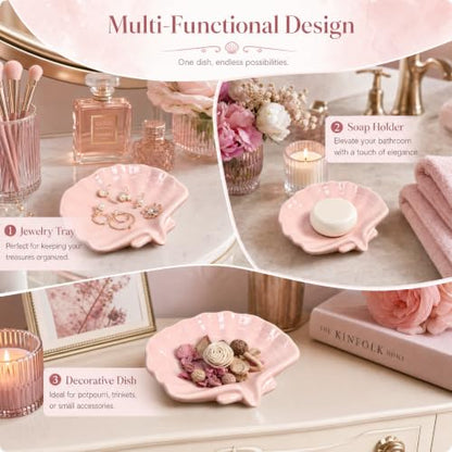 Shell Shaped Ceramic Dish, Self-Draining Glazed Soap Holder, Anti-Slip Tray for Bathroom, Shower & Sink, Cute Elegant Organizer, Easy to Clean – Pink - color: Pink