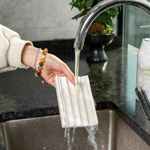 2 Pcs Soap Holder for Bathroom, Marble Soap Dish for Kitchen Countertop, Soap Tray Draining with Creative Wavy Design, Bar Soap Saver for Bath Tub, Sponges, Italian Natural Stone(Agiax) - color: Agiax
