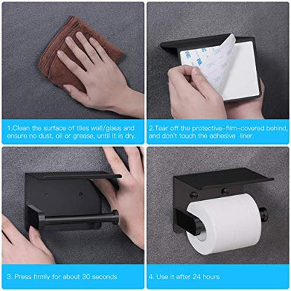 VAEHOLD Self Adhesive Toilet Paper Holder with Phone Shelf Stainless Steel Wall Mounted Toilet Paper Roll Holder - Rustproof and Bathroom Washroom Tissue Roll Holder with Shelf - Black - color: Black