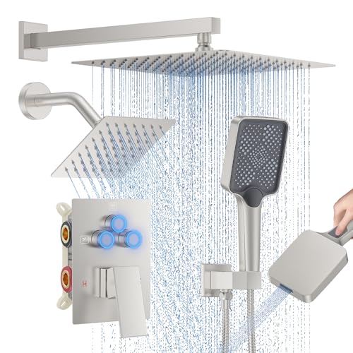 Woindo Shower Faucet Set, 12" Wall Mount Rainfall Shower System with 2 Rain Shower Head and Multi-function Handheld Head Push Button Diverter Shower Faucet Trim Kit - color: Brushed Nickel, style: 12"-Wall-01