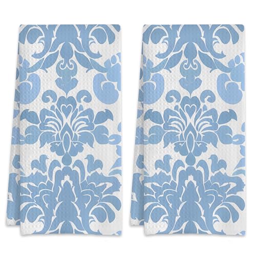 Blue Damask Pattern Hand Towels for Bathroom Set of 2,Absorbent Waffle Weave Kitchen Towels,Decorative Modern Bathroom Towel for Bath,Guest,Shower 16 X 24 Inch - color: Blue Damask Pattern