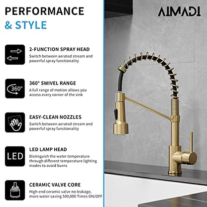 AIMADI Gold Kitchen Faucet with Sprayer,Modern Single Handle Spring | Brushed Gold Pull Down Kitchen Faucet with LED Light - color: Brushed Gold led