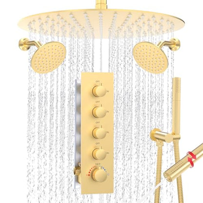 HOMEDEC 16" Round Rain Shower Faucet Set with Dual 6" Wall Mounted Shower Heads, 4 Way Shower Valve with 2-Function Handheld Shower, Brushed Gold - color: Brushed Gold, style: 4-Way + 2x 6" Top (No Jets)