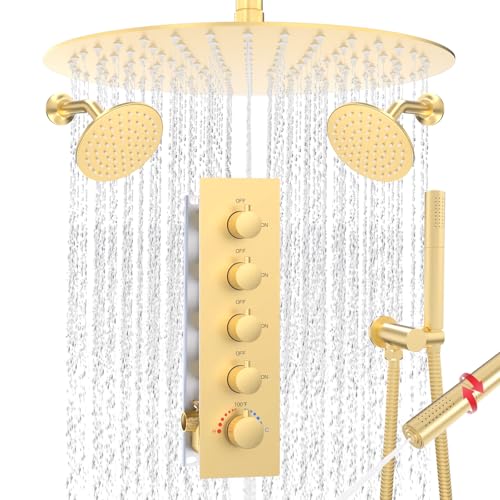 HOMEDEC 16" Round Rain Shower Faucet Set with Dual 6" Wall Mounted Shower Heads, 4 Way Shower Valve with 2-Function Handheld Shower, Brushed Gold - color: Brushed Gold, style: 4-Way + 2x 6" Top (No Jets)