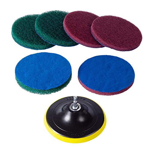 Kichwit 5 Inch Drill Powered Brush Tile Scrubber Scouring Pads | 2 Different Stiffness, 5" Pad Holder with 6 Scrubbing Pads, Cleans Large Flat Areas Perfectly (Drill NOT Included) - size: 5 Inch