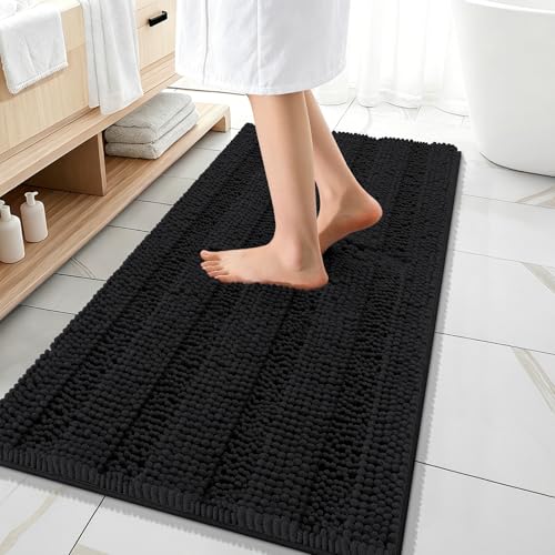 OLANLY Thick Bathroom Runner Rugs 47x20, Soft Chenille Bath Rugs, Black | Absorbent Striped, Rubber Backing, Machine Wash, Long Bath Mats for Bathroom Floor, Tub and Shower, Home Decor Accessories - color: Black, size: 47" X 20"
