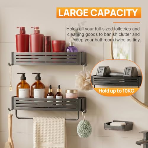 Gun Grey Adhesive Square Shower Caddy with Towel Bar, Soap Dish and Hooks | No-drill gun grey shower basket with towel bar, soap dish and hooks for smooth tile, glass and stainless steel bathroom walls - color: grey gun