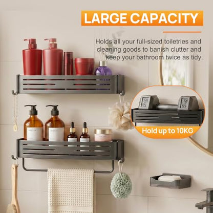 Gun Grey Adhesive Square Shower Caddy with Towel Bar, Soap Dish and Hooks | No-drill gun grey shower basket with towel bar, soap dish and hooks for smooth tile, glass and stainless steel bathroom walls - color: grey gun