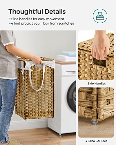 SONGMICS Laundry Hamper with Lid, 17.2 Gallon (65 L) Synthetic Rattan Clothes Laundry Basket with Lid and Handles, Foldable, Removable Liner, Goose Yellow ULCB165N01 - color: Goose Yellow, size: 65 L