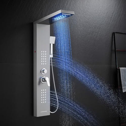 ROVATE 5 in 1 LED Rainfall Waterfall Shower Panel Tower System, Brushed | High Pressure Stainless Steel Shower Column with Tub Spout, Powerful Body Jets, Flexible Handheld, Brass Mixing Valve Body - style: 5 Modes-Brushed-2 Jets