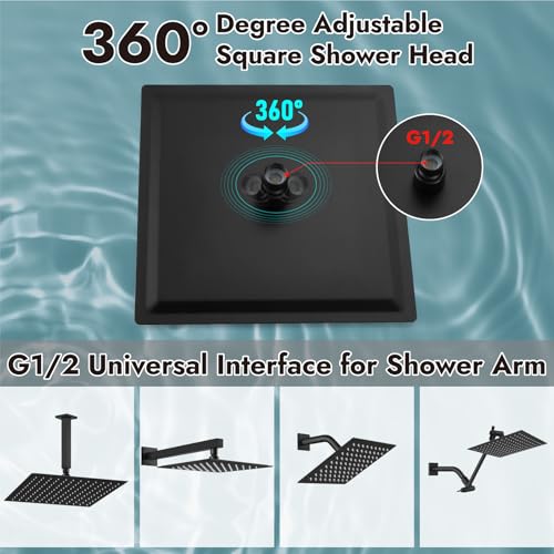 Midanya Square Rain Shower Head,High Pressure,Matte Black 12 Inch | 360°Swivel,Ceiling or Wall Mount,Waterfall Full Body Coverage,Bathroom Remodel,Stainless Steel Large Rainfall Shower Head - color: Black, size: 12 Inch