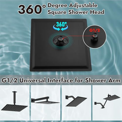 Midanya Square Rain Shower Head,High Pressure,Matte Black 12 Inch | 360°Swivel,Ceiling or Wall Mount,Waterfall Full Body Coverage,Bathroom Remodel,Stainless Steel Large Rainfall Shower Head - color: Black, size: 12 Inch