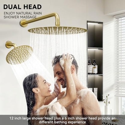Shower Systems STARBATH 12+6" Round Dual Rainfall Shower Head with Handheld Spray for Two People, Wall Mounted 3 Way Rain Shower Faucet Sets Complete, Included Valve and Trim Kit, Brushed Gold - color: Brushed Gold, size: 6+12 inch-05