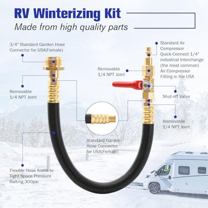 rv winterizing kit, 16.9" RV Water Blowout, Sprinkler Winterizing Blowout Kit with Shut Off Valve, Air Compressor Quick-Connect Plug Water Blow Out Fitting Adapter for Winterizing RV, Boat, Camper - style: Basic