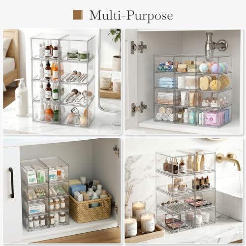 8 Pack Small Clear Stackable Acrylic Storage Boxes & Drawers | Storage Organizer, Clear Plastic Makeup Organizer, Ideal for Vanity, Cabinet, Desk Organization, Art Tool & Sketch