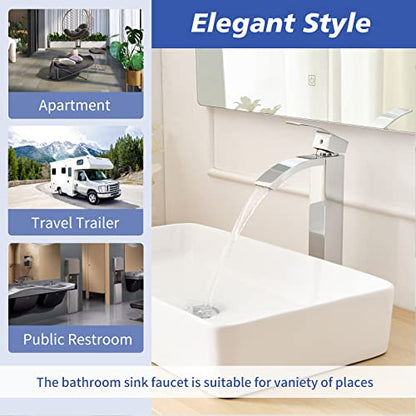 Chrome Vessel Sink Faucet, Waterfall Bathroom Faucets | Brass, Tall Spout, Single Handle 1 Hole Bathroom Faucet, Modern Basin Taps with Supply Line, Pop Up Drain, Without Overflow - color: Chrome, size: Tall