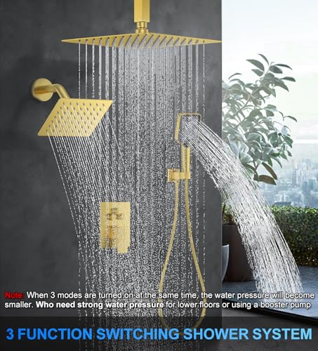 Shower Faucet Set, 12" Ceiling Mount Rainfall Shower System with 2 Rain Shower Head and Multi-function Handheld Head Push Button Diverter Shower Faucet Trim Kit (12", Brushed Gold) - color: Brushed Gold, style: 12"-Ceiling-01