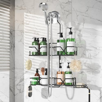 Sewulidon Stainless Steel Hanging Shower Caddy for Handheld Shower Heads,Adjustable Height Extra Long Bathroom Shower Organizer Hanger Rack with Hooks,Soap Holder - color: Black