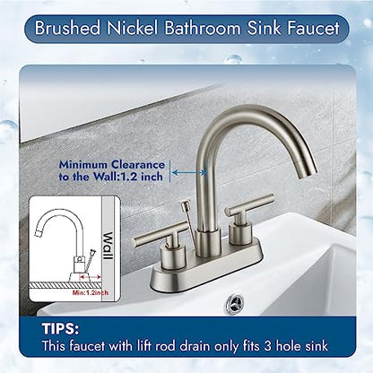 Bathroom Faucet with Lift Rod Drain,4 Inch Centerset 3 Hole,Brushed Nickel | Two Handle Lead-Free SUS304 Stainless Steel Bathroom Sink Faucet with Lift Rod Drain & Supply Lines for RV & Farmhouse - color: Brushed Nickel