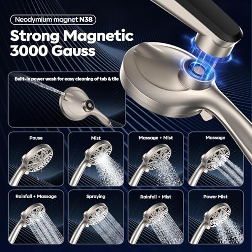 12-Inch High Pressure Rain Shower Head with Handheld Spray Combo, Magnetic | Dual shower heads; one-piece bracket adjusts height and angle; 9 settings: 8 sprays + 1 Power Jet for cleaning; easy install - color: Brushed Nickel