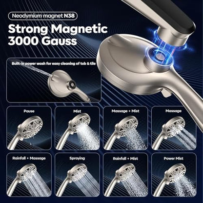 12-Inch High Pressure Rain Shower Head with Handheld Spray Combo, Magnetic | Dual shower heads; one-piece bracket adjusts height and angle; 9 settings: 8 sprays + 1 Power Jet for cleaning; easy install - color: Brushed Nickel