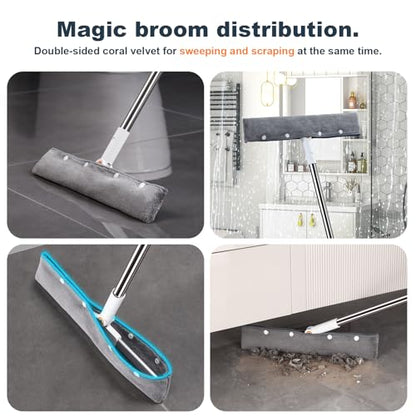 Rubber Squeegee Broom for Floor,Upgrade 62" Long Handle Window Squeegee, 2 Cleaning Cloths, Silicone Pet Hair Remover,Magic Broom Removes Water Spots, Stains, Grease, and Hair from Glass Surfaces. - size: Large (3 in 1)