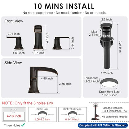 Oil Rubbed Bronze Bathroom Sink Faucet Widespread, 8 Inch Waterfall Faucet Bathroom 3 Hole with Pop-up Drain and cUPC Supply Lines, 2 Handles for Vanity, Restroom, Farmhouse, Brass Material - color: Oil Rubbed Bronze - Farmhouse