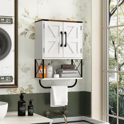 RUSTOWN Farmhouse Rustic Medicine Cabinet with Two Barn Door,Wood Wall Mounted Storage Cabinet w/Dark Brown Top & Adjustable Shelf and Towel Bar, 3-Tier Cabinet for Bathroom(White) | Dark Brown Top, Adjustable Shelf, Towel Bar, 3-Tier Rustic Wood Wall Mou