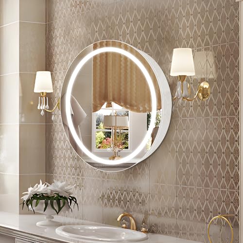24inch Round Medicine Cabinet with Lights,Led Medicine Cabinet with Defogger,Illuminated Mirror Cabinet for Bathroom,Dimmable,Anti-Fog,3 Colors,Surface Mount Only,White - color: White, size: 24inch