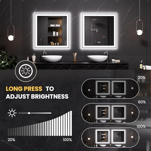 LOAAO 32"X32" LED Bathroom Mirror Black Framed | Anti-Fog, Dimmable, Memory Function, Tempered Glass, Lighted Vanity Mirror for Wall - size: 32"L x 32"W