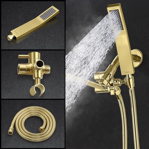 G-Promise All Metal 10" Dual Square Shower Head Combo | Rain Shower Head | Handheld Shower Wand | Adjustable | 3-Way Diverter | 71" Extra Long Hose - A Bathroom Upgrade (Polished Brass) | Built to Last, Easy Install, Adjustable Height & Angle for All Heig