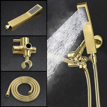 G-Promise All Metal 10" Dual Square Shower Head Combo | Rain Shower Head | Handheld Shower Wand | Adjustable | 3-Way Diverter | 71" Extra Long Hose - A Bathroom Upgrade (Polished Brass) | Built to Last, Easy Install, Adjustable Height & Angle for All Heig