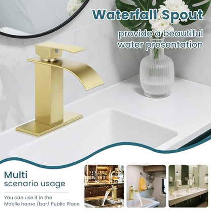 Bathroom Faucets Gold Waterfall Single Handle Bathroom Sink Faucet | with Pop-up Drain & Deck,Supply Hoses,Brushed Gold Single Handle Vanity Faucet,Stainless Steel,1 or 3 Hole,RV,Fits Home - color: A-Brushed Gold, style: Short