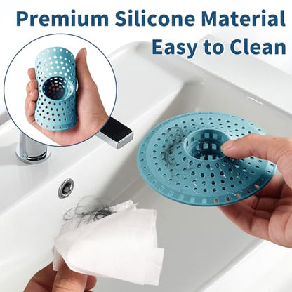 3Pcs Silicone Hair Catcher Shower Drain for Bathtub & Sink Trap/Strainer | 3 Pack Anti-Clog Collapsible Tub Protector Cover, Pet Hair Stopper fit 1 1/2" to 1 5/8'' Bathroom, Shower Stall & Sink Drains - color: Light Blue