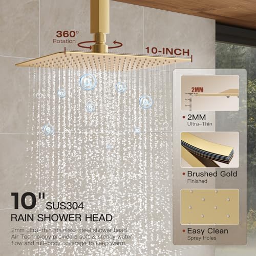 Gold Shower System, All Metal Dual Rain Shower Head with Handheld | 3-In-1 Push Button Valve and Trim Kit, Brushed Gold SUS304 10" Ceiling & 8" Wall Mount Heads, Bathroom Shower Faucet Set - color: Brushed Gold