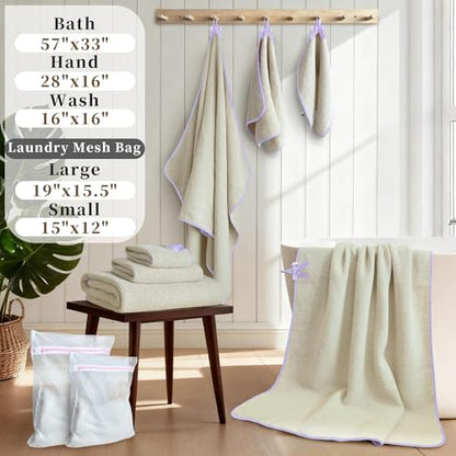 VOOVA & MOVAS Waffle Bathroom Towels 2 Pack, 100% Cotton, 57x33 in, Beige | Great for Home Bathroom & Shower, Built-in Hanging Loop, Purple Piping, Waffle Weave Texture - color: Purple Piping, size: 2PC Bath Towels (33"x57")