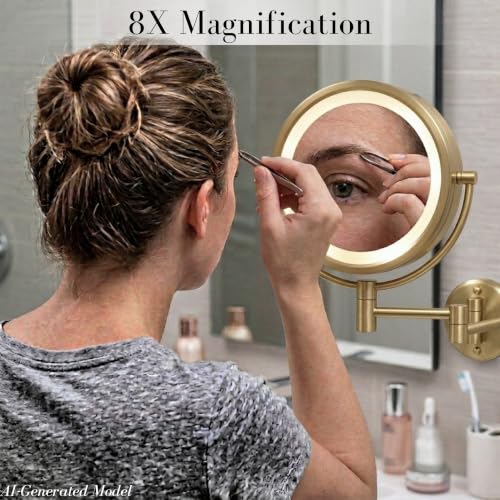 JERDON Hardwired Wall-Mount Makeup Mirror - 8X/1X - Gold - HL88BGLD | 8.5" Round Frame, 13.5" Wall Arm, LED Lighting, Direct Wire Installation - color: Gold Direct Wire