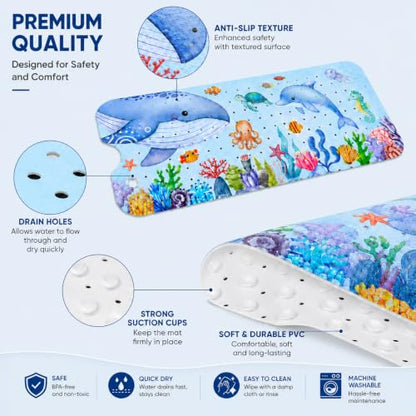Cinrobiye Bath Mat for Tub Non Slip, 40 x 16 Inch Sea Animals Cartoon Bathtub Shower Mat with Suction Cups and Drain Holes, Waterproof Machine Washable Bathroom Mat - color: Blue