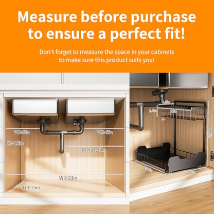 PureBox Under Sink Organizer, 2-Tier L-Shaped Pull Out Cabinet Shelf with 2 Installation Methods, Adjustable Sliding Storage Drawer for Kitchen, Bathroom, Laundry, Metal, Black - size: 1 Pack