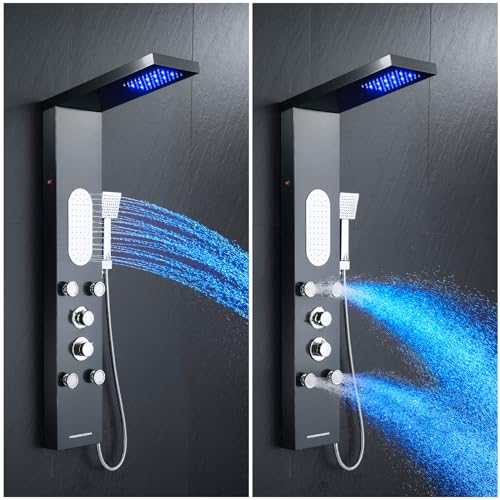 5-in-1 LED Shower Panel Tower System Stainless Steel Black | LED rain head | 4 massage jets | Body waterfall spray | Handheld shower | Tub spout | Wall mount - color: Black