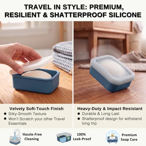 HighHerz Compact Leak Proof Silicone Travel Soap Case with Draining Tray - Portable Bar Soap Container - 2026 Upgrade Travel Essentials for Camping, Gym & Shower (Clear Blue) - color: Clear Blue