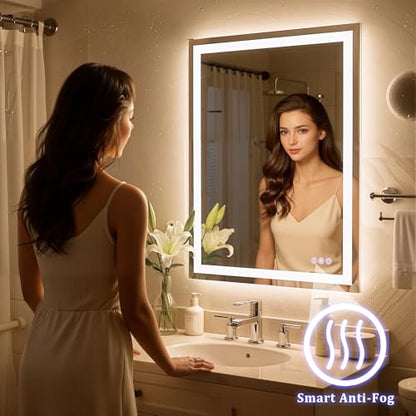 55"x 30" LED Bathroom Mirror Backlit & Front Lit Lighted Vanity Mirror with Lights for Wall, 3 Color Dimmable, Anti-Fog, Adjustable Brightness, Shatterproof Tempered Glass