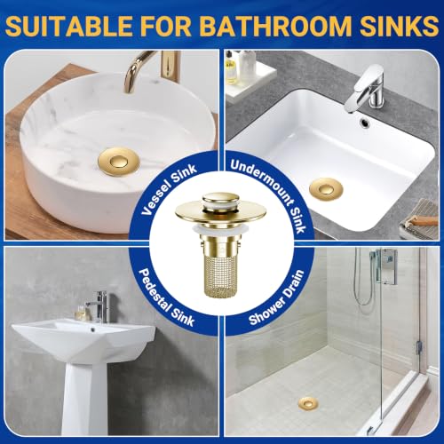 Bathroom Sink Drain Strainer, Pop-Up Bathroom Sink Stopper with Removable Stainless Steel Hair Catcher Basket, Universal Fit for US Bathroom Sinks, Showers & Floor Drains (2pcs-Gold) - color: 2pcs-gold