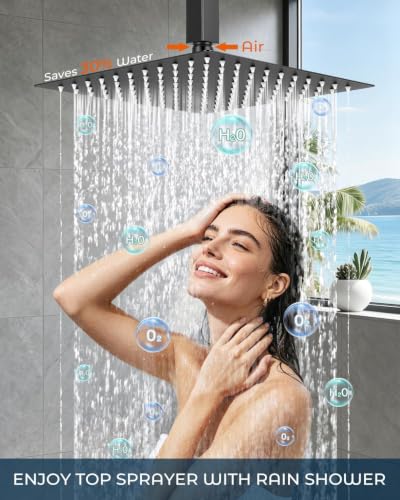 Rain Shower Faucet Set, 10" Top + 6" Side Head, Matte Black | 3-head set w/ valve, SUS304 anti-freeze, 6 spray modes, self-clean nozzles - color: Matte Black, style: 10''-Ceiling Mount+6" Shower Head