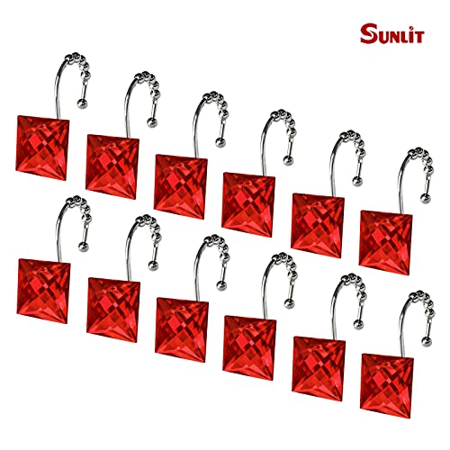 Sunlit Luxury Design Square Red Diamond Crystal Gem Bling with Glide Balls Shower Curtain Hooks, Rust Proof Metal Rhinestones Glam Shower Curtain Rings-12 Pack - color: Red