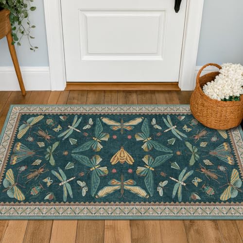 Hazo Haus Emerald Green Entry Rugs for Inside House - 2x4 Kitchen Rugs Non Slip for Bathroom, Powder Room, Vintage Unique Colorful Décor, Washable Stain & Fade Resistant - color: Teal, size: 2' x 4' (Rectangular)