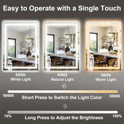 GLSLAND LED Bathroom Mirror - 26"x40" Anti-Fog Lighted Wall Mirrors with Memory Function, Dimmable, Frontlit & Backlit, Horizontally/Vertically, Tempered Glass - size: 40"L x 26"W